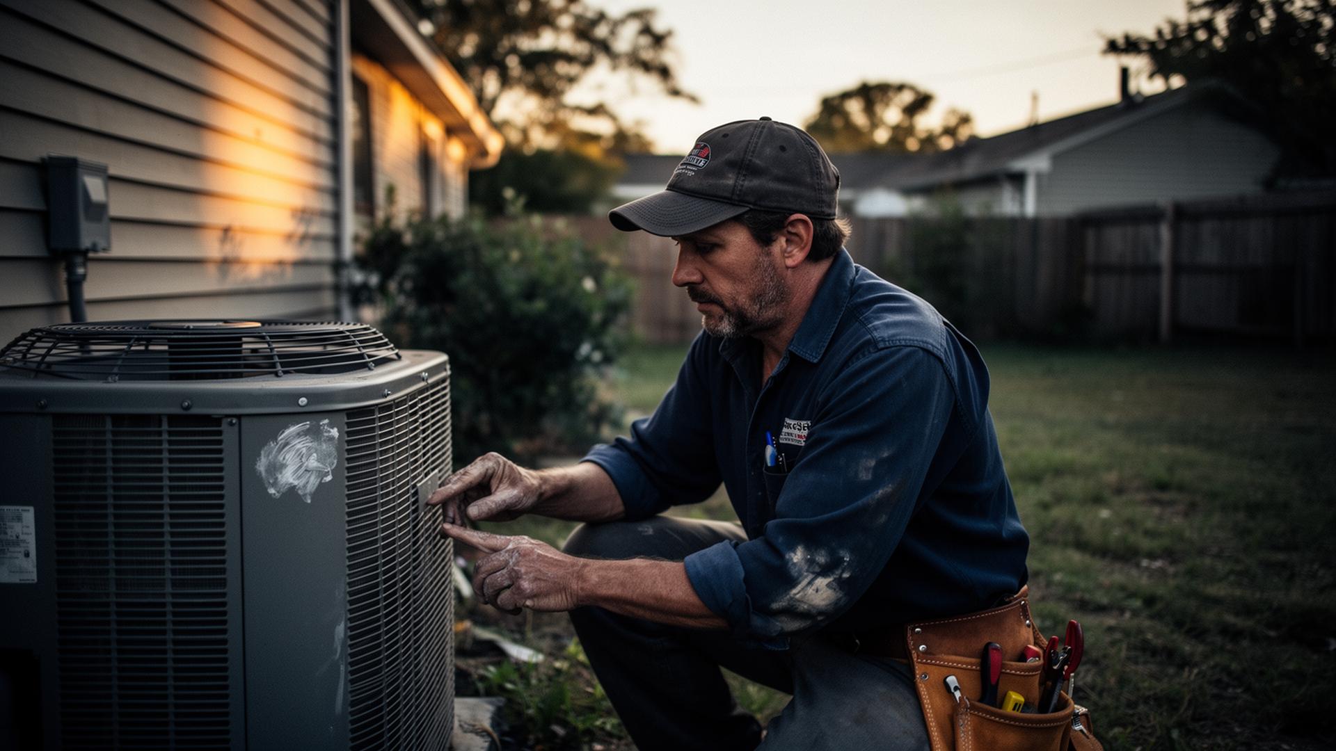 HVAC technician servicing an outdoor condenser unit at golden hour